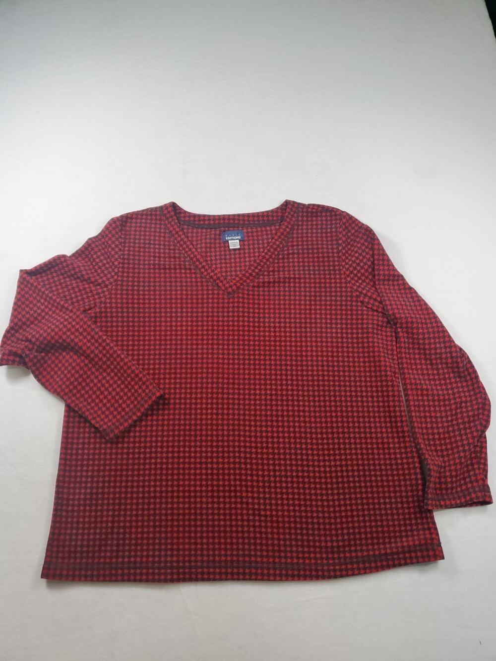 Basic Editions Women XXL Thermal Top Fleece Velour Red Black Houndstooth EUC